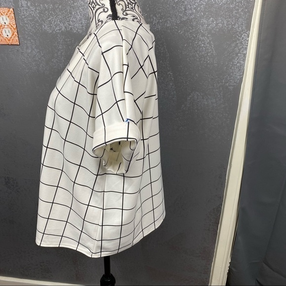 Anthro Melloday Windowpane V-Neck Cuff Sleeves Back Zip Knit Top white/black - Picture 5 of 13